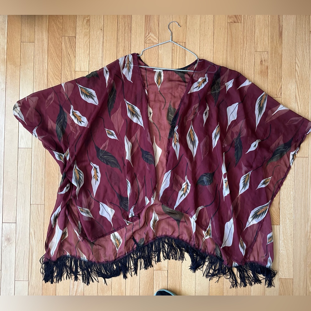 Sheer Printed Kimono with Fringe